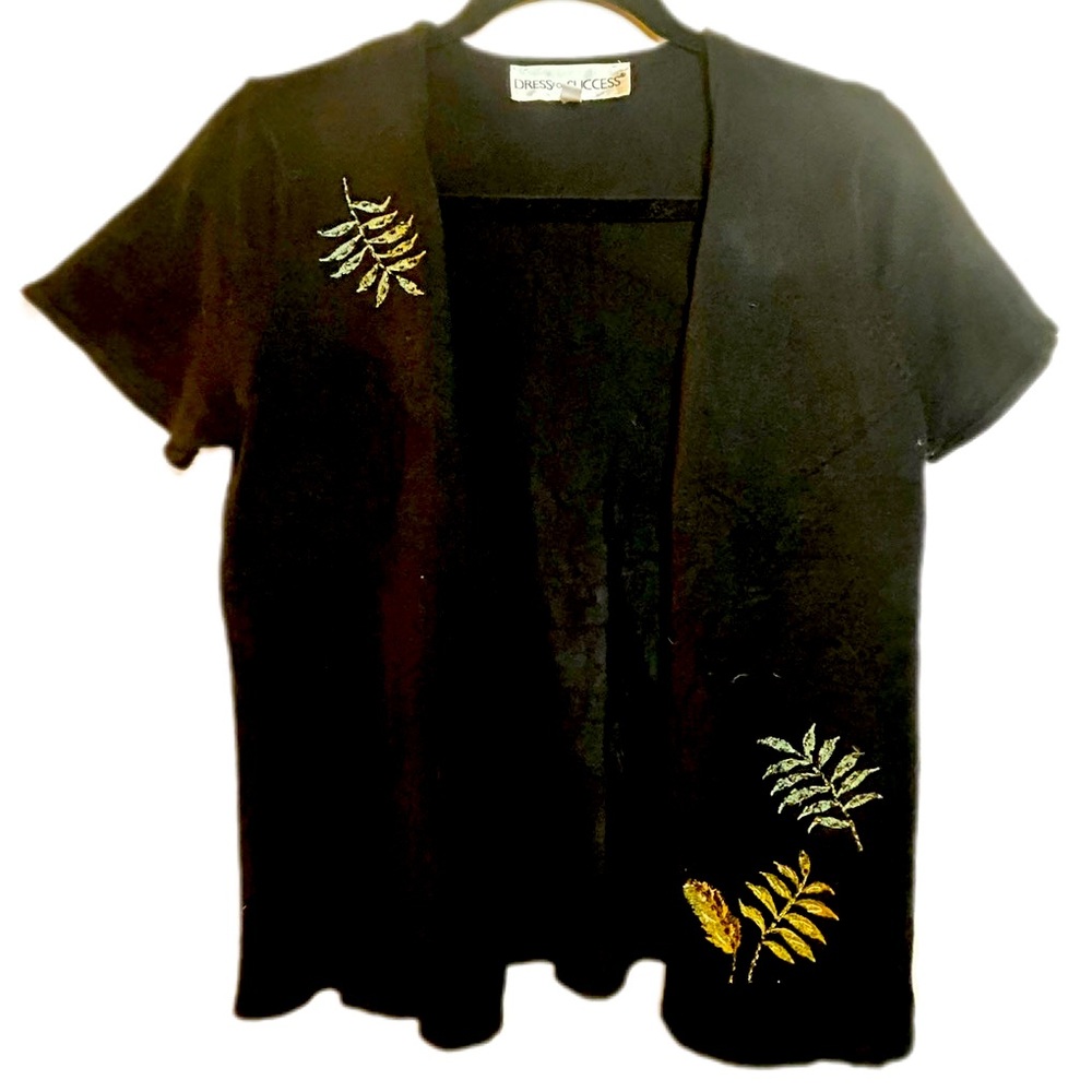 Dress for Success beaded black cardigan fern embroidery career wear